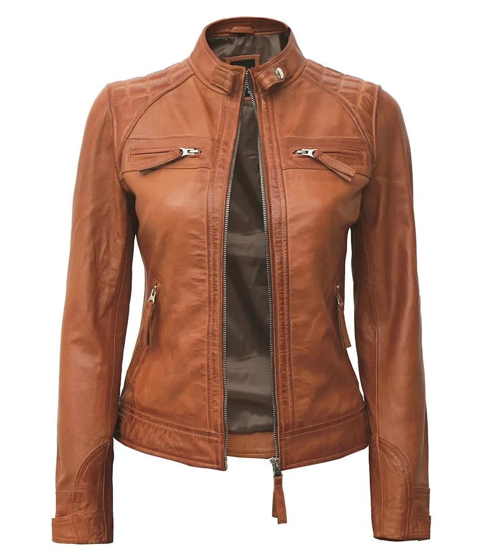 Women's Luxury Lambskin Leather Jacket - Classic Biker Style Rugged Textured Moto Racer Jacket