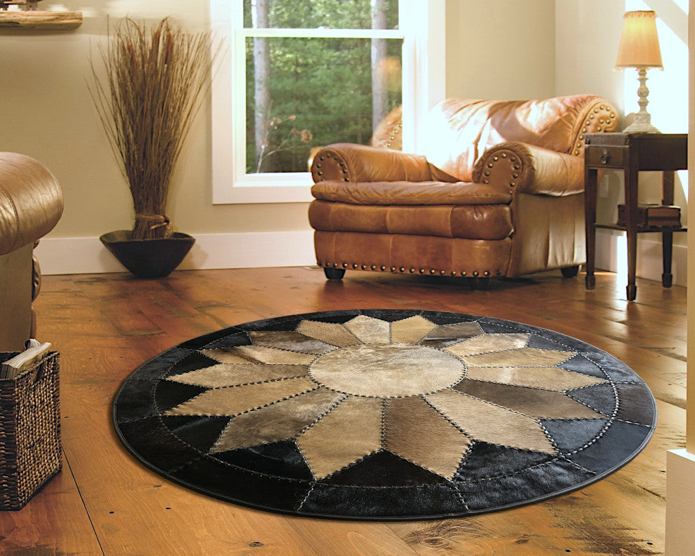 Premium Handmade Natural Cowhide Floor Covering, Patchwork Perfection | Hair on Carpet with Leather Braided Work | PR108