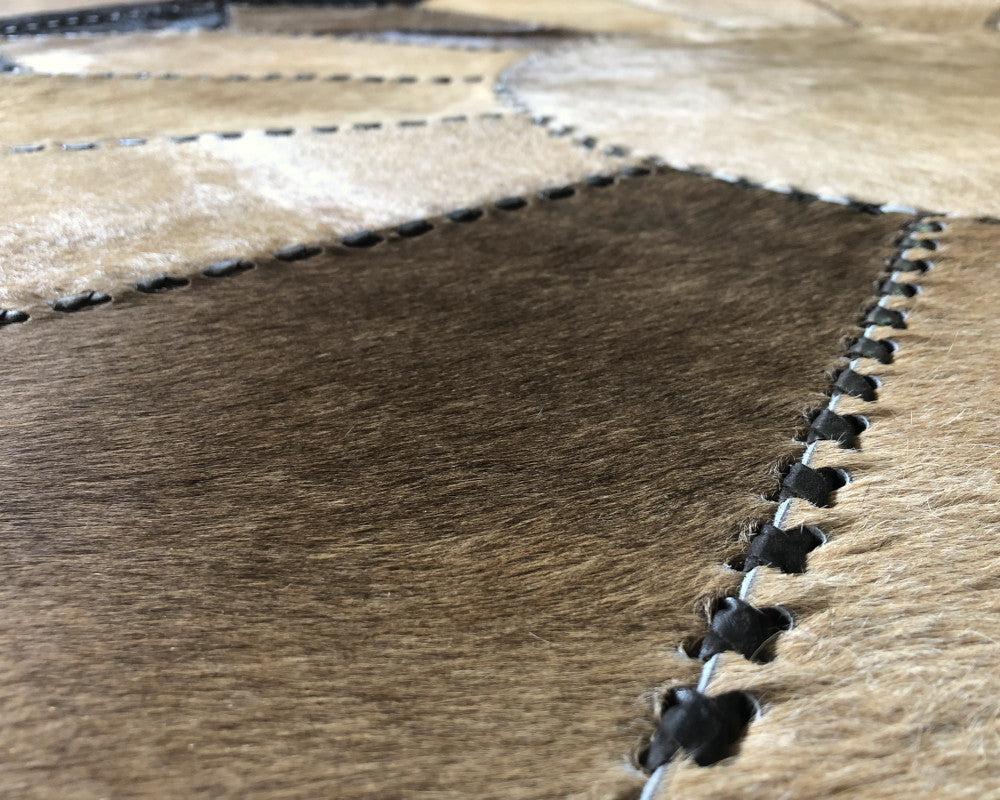 Premium Handmade Natural Cowhide Floor Covering, Patchwork Perfection | Hair on Carpet with Leather Braided Work | PR108
