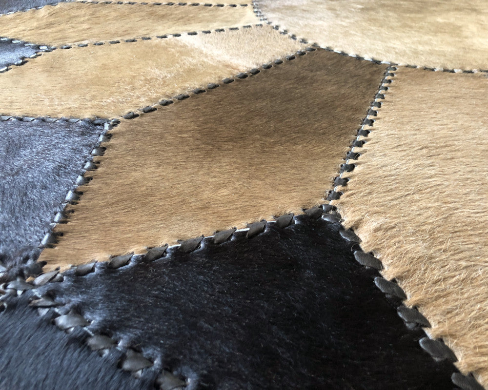 Premium Handmade Natural Cowhide Floor Covering, Patchwork Perfection | Hair on Carpet with Leather Braided Work | PR108