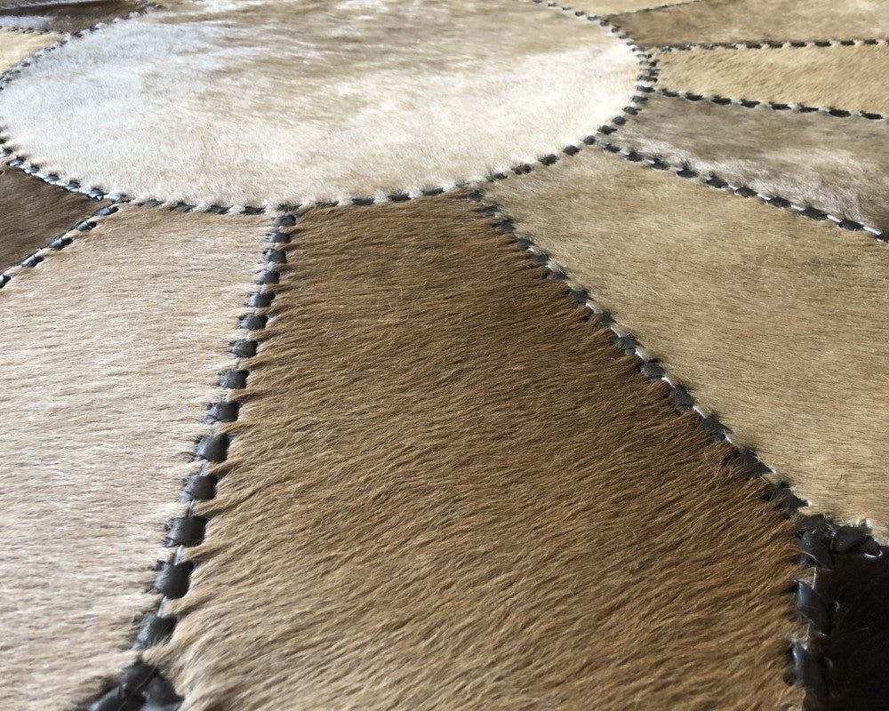 Premium Handmade Natural Cowhide Floor Covering, Patchwork Perfection | Hair on Carpet with Leather Braided Work | PR108