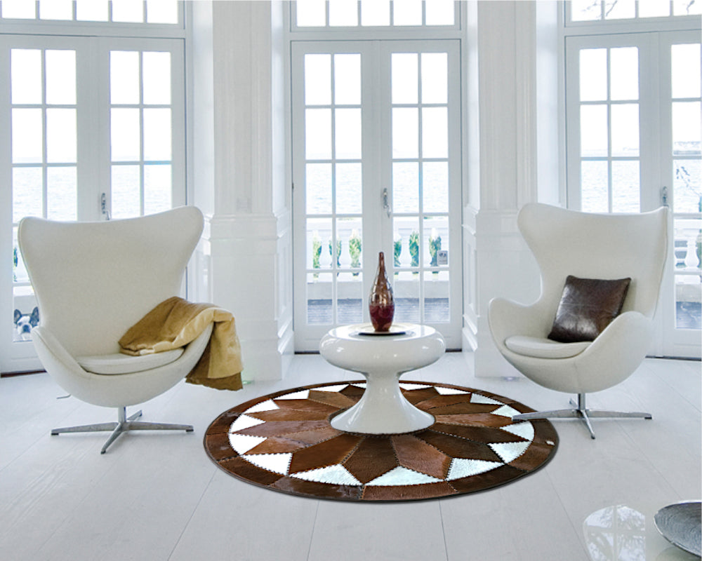Luxurious Hair-On Cowhide Patchwork Area Carpet, Handcrafted Excellence | Hair on Leather Carpet with Leather Braided Work | PR105