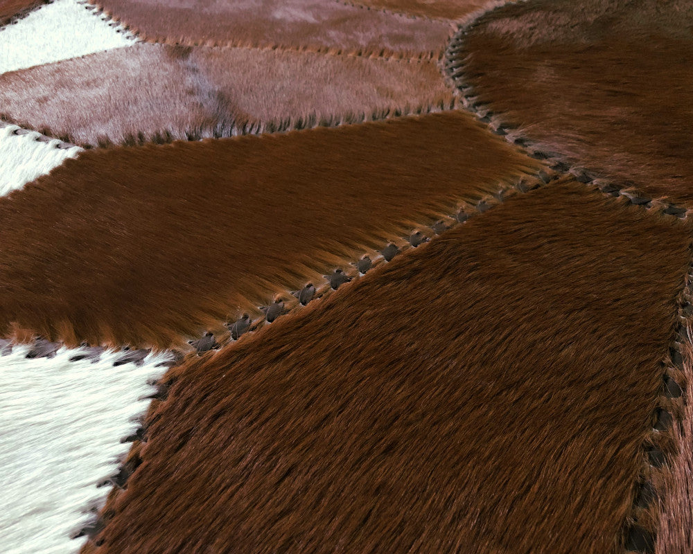 Luxurious Hair-On Cowhide Patchwork Area Carpet, Handcrafted Excellence | Hair on Leather Carpet with Leather Braided Work | PR105