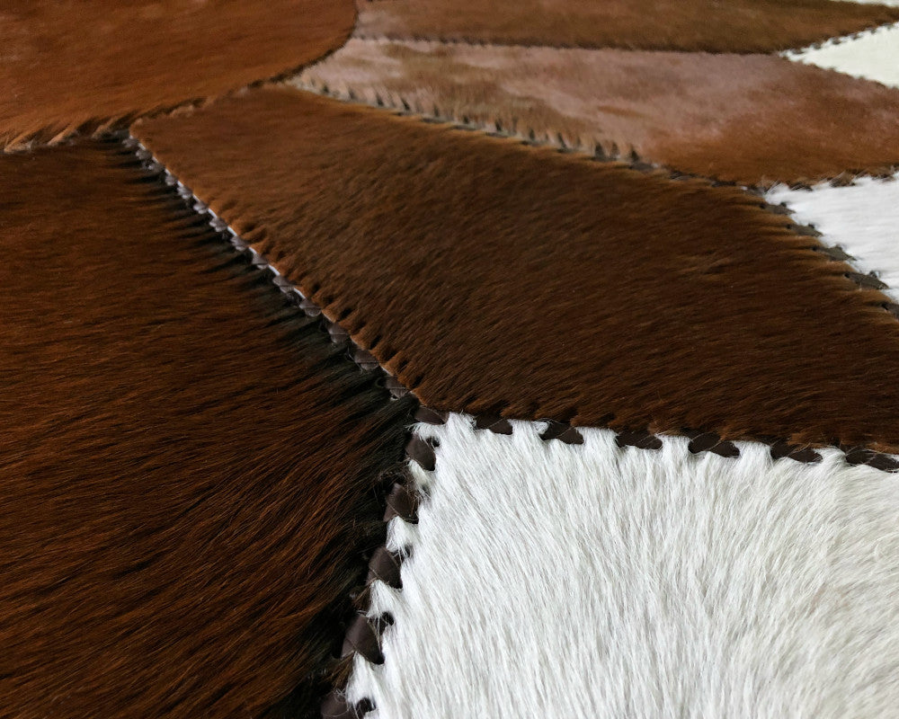 Luxurious Hair-On Cowhide Patchwork Area Carpet, Handcrafted Excellence | Hair on Leather Carpet with Leather Braided Work | PR105