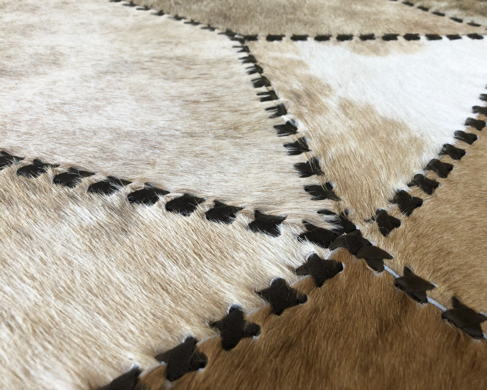 Light Brown, Beige and White Mixed Color HANDMADE COWHIDE RUG | Patchwork Carpet with Leather Braided Work
