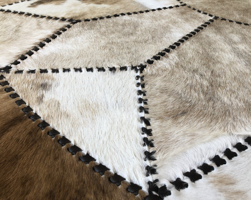 Light Brown, Beige and White Mixed Color HANDMADE COWHIDE RUG | Patchwork Carpet with Leather Braided Work