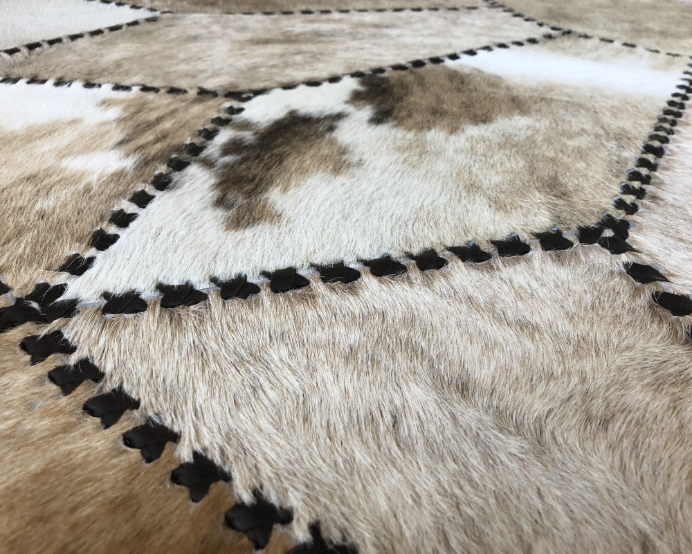 Light Brown, Beige and White Mixed Color HANDMADE COWHIDE RUG | Patchwork Carpet with Leather Braided Work