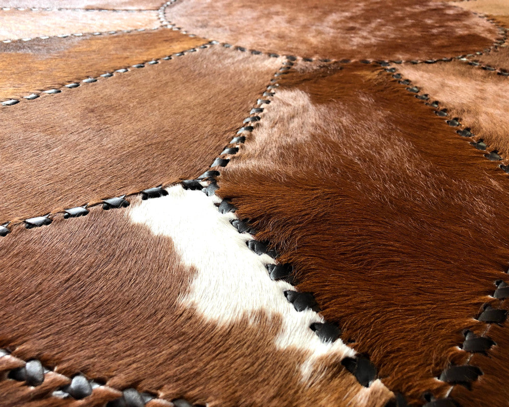 Hand Stitched Cowhide Rug Patchwork Cow Skin Premium Leather Area Rug for Living Room | Hair on Leather Carpet | PR157