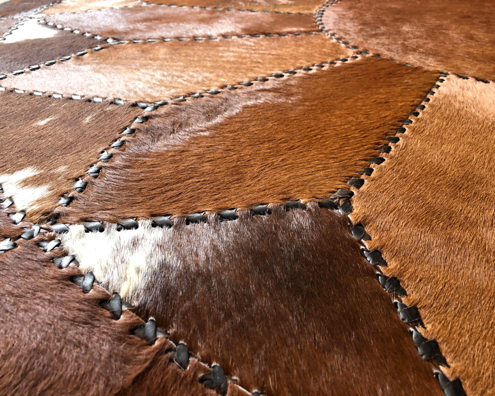 Hand Stitched Cowhide Rug Patchwork Cow Skin Premium Leather Area Rug for Living Room | Hair on Leather Carpet | PR157