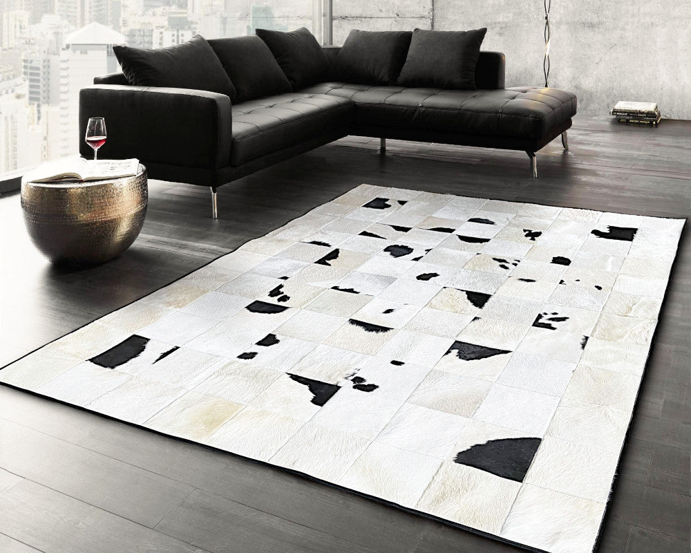 Patchwork Cowhide Area Rug: Natural Elegance, Handcrafted | Black White Hallway Runner | 520