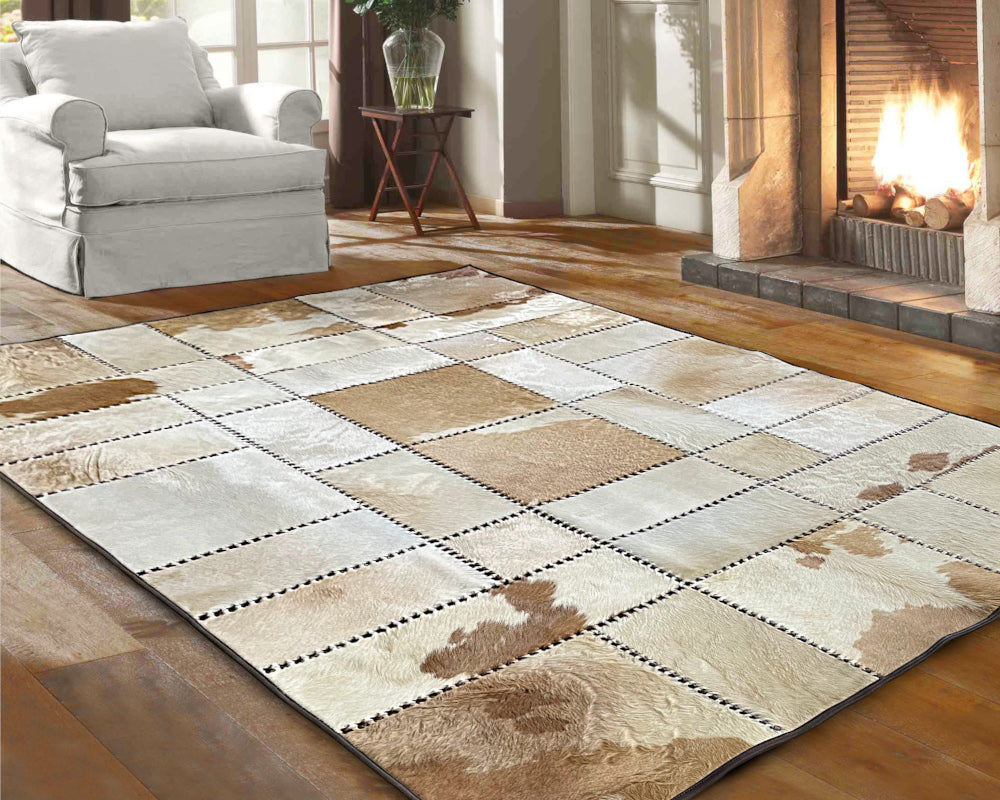 Handcrafted Leather Patchwork Area Rug | Real Cowhide Hallway Runner | Hair on Leather Carpet | 518