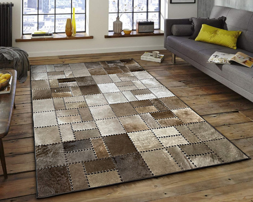 Natural Handstitched Cow Skin RUG | Patchwork Area Rug for Interior Décor | Hallway Runner | Leather Cowhide Carpet | 514