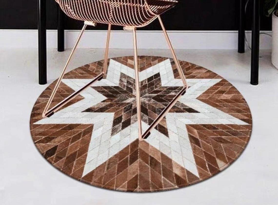 Hand-Stitched Cowhide Patchwork Rug, 100% Genuine | Hair on Leather Cowhide Carpet | PR117