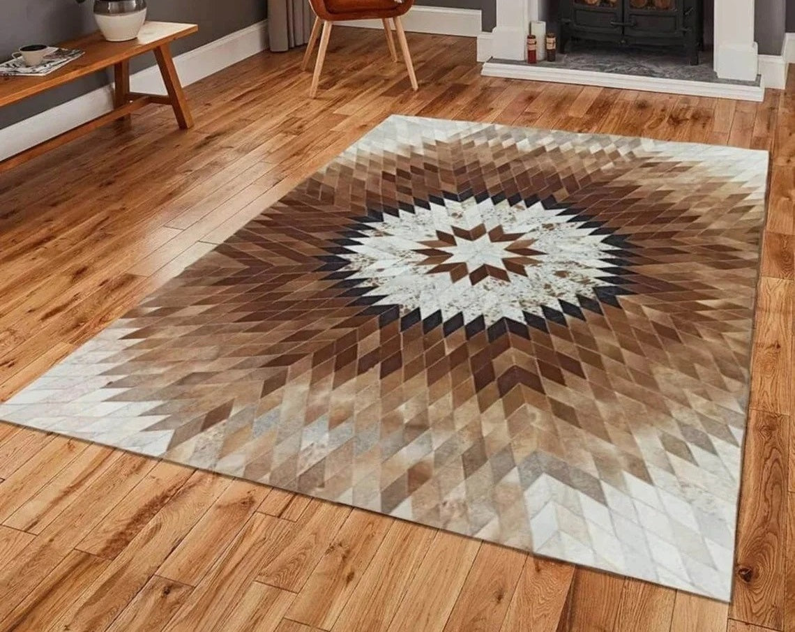 Creatively HANDMADE Natural COWHIDE Patchwork RUG - Multicolor Beautiful Flower Design Carpet for Interior Décor | PR182