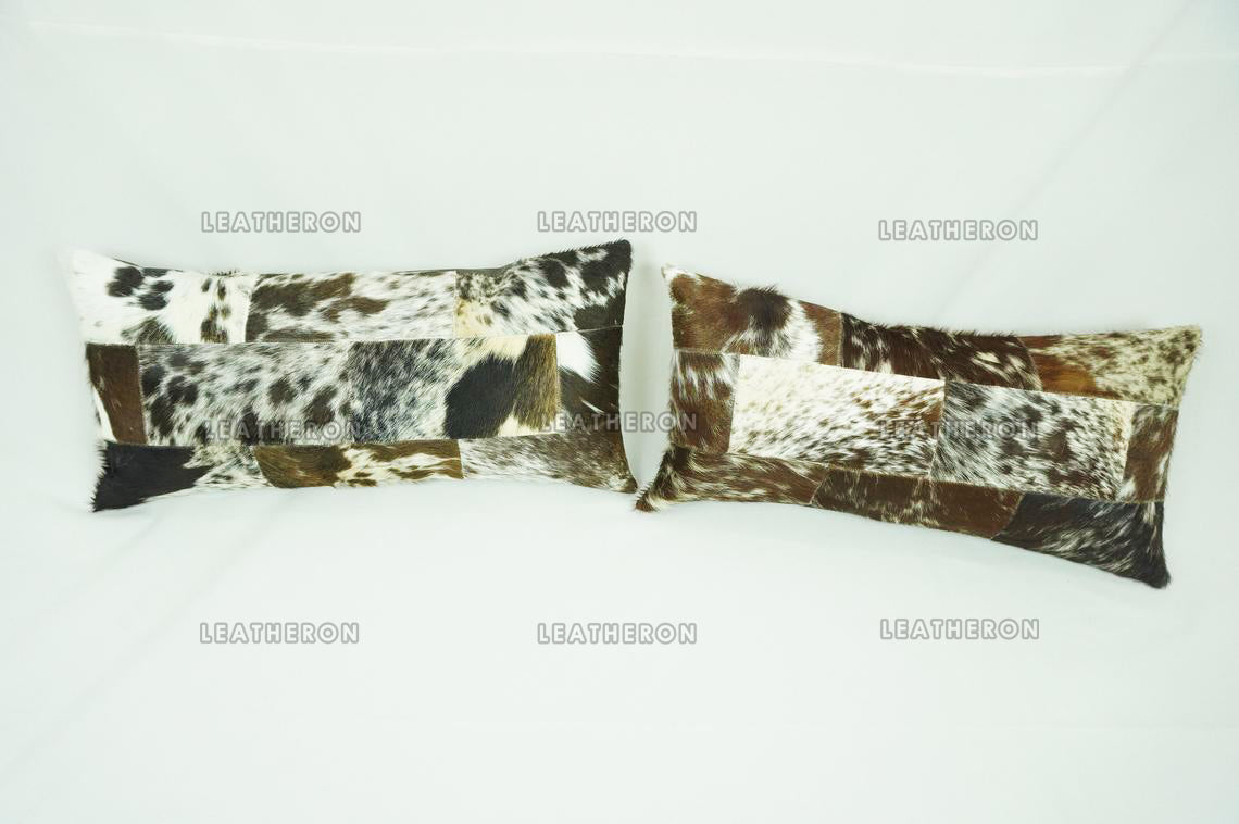 Cowhide Patchwork Pillow Covers (12 x 24 inch) 100% Natural Hair on Leather Pillow Cases Real Cow Skin Cushion Covers | PLW186
