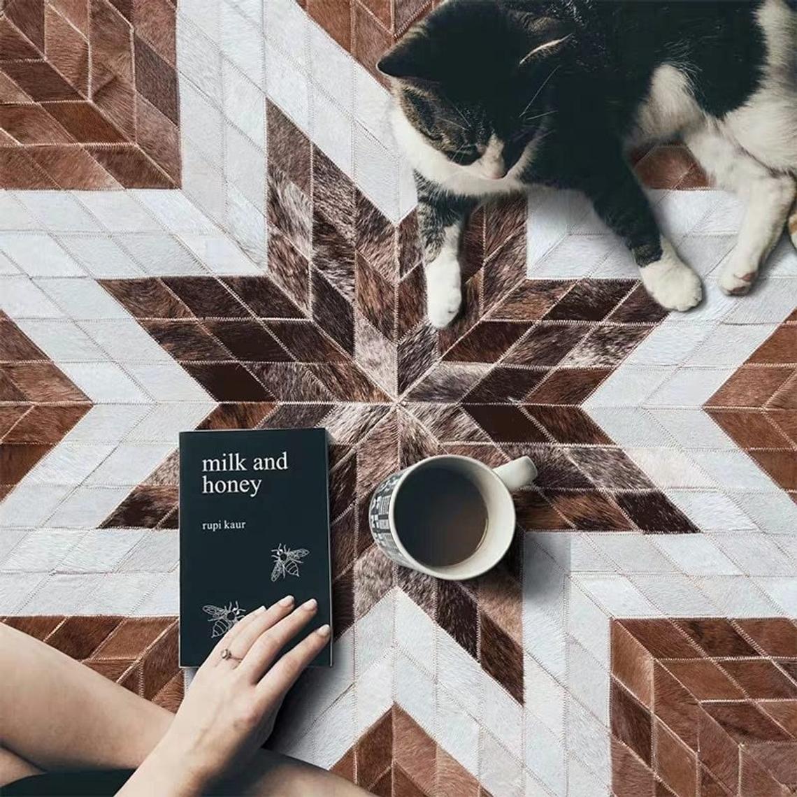 Hand-Stitched Cowhide Patchwork Rug, 100% Genuine | Hair on Leather Cowhide Carpet | PR117