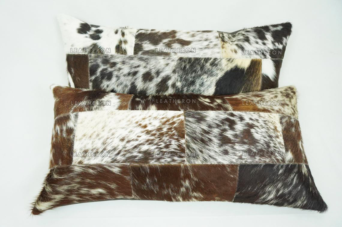 Cowhide Patchwork Pillow Covers (12 x 24 inch) 100% Natural Hair on Leather Pillow Cases Real Cow Skin Cushion Covers | PLW186