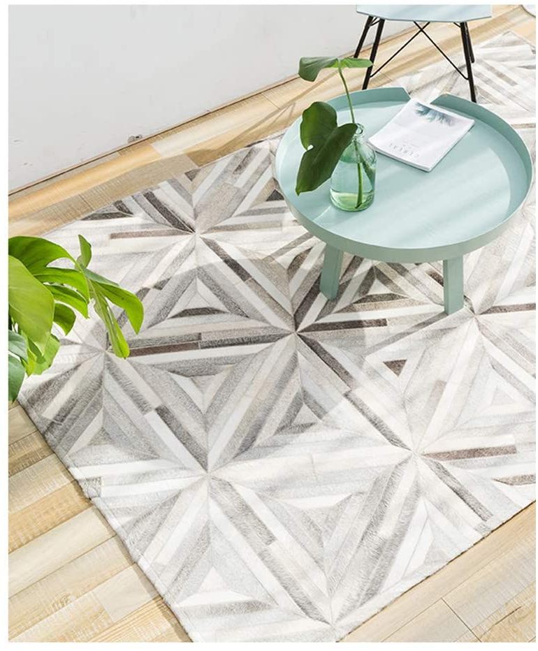 HANDMADE Natural HIDE RUG | Grey White Triangle Pattern Patchwork Area Rug | Cowhide Hallway Runner | PR178