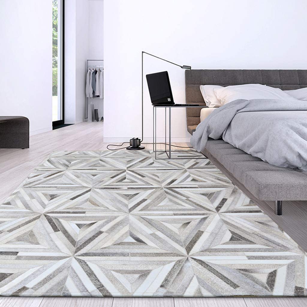 HANDMADE Natural HIDE RUG | Grey White Triangle Pattern Patchwork Area Rug | Cowhide Hallway Runner | PR178