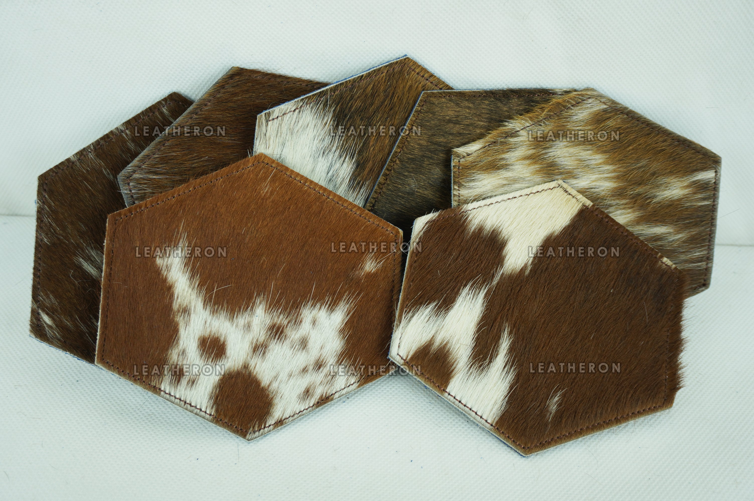 Cowhide Tea Coasters | Real Hair-on-Leather Tea Coasters | Hexagon Shape Multi Color Tea Coasters