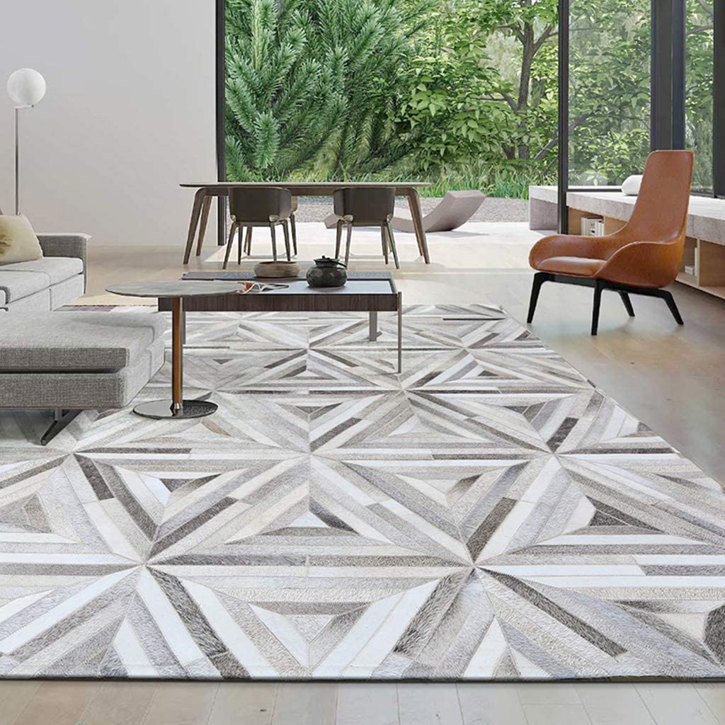 HANDMADE Natural HIDE RUG | Grey White Triangle Pattern Patchwork Area Rug | Cowhide Hallway Runner | PR178