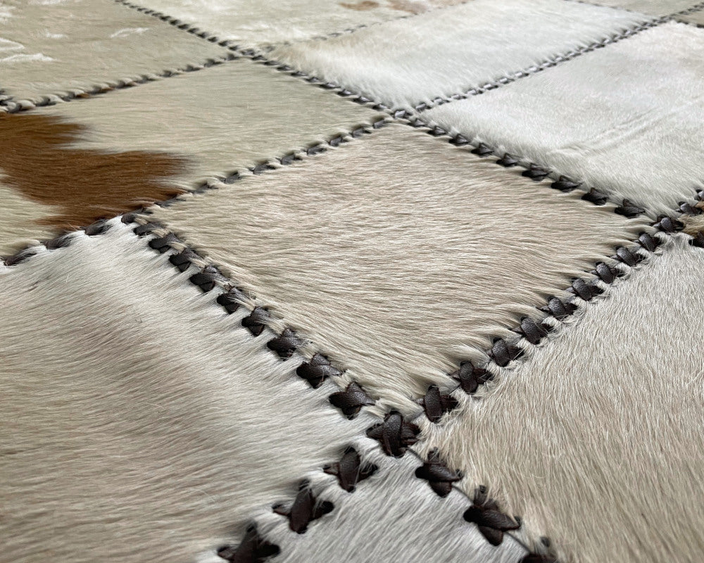 Handcrafted Leather Patchwork Area Rug | Real Cowhide Hallway Runner | Hair on Leather Carpet | 518