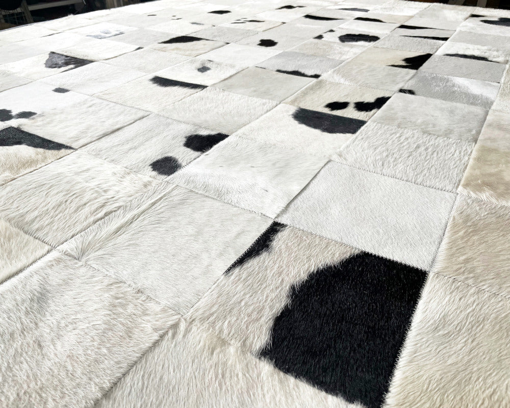 Patchwork Cowhide Area Rug: Natural Elegance, Handcrafted | Black White Hallway Runner | 520