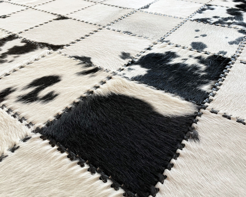 Real Cowhide Patchwork Rug 100% Handmade Leather Rug Black White Cow Skin Floor Area Rug for Living Room Decor | Entryway Runner | Hair on Leather Cowhide Carpet | 511