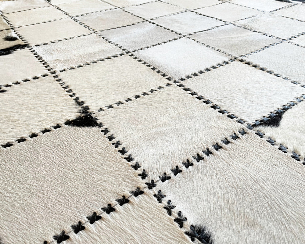 Real Cowhide Patchwork Rug 100% Handmade Leather Rug Black White Cow Skin Floor Area Rug for Living Room Decor | Entryway Runner | Hair on Leather Cowhide Carpet | 511