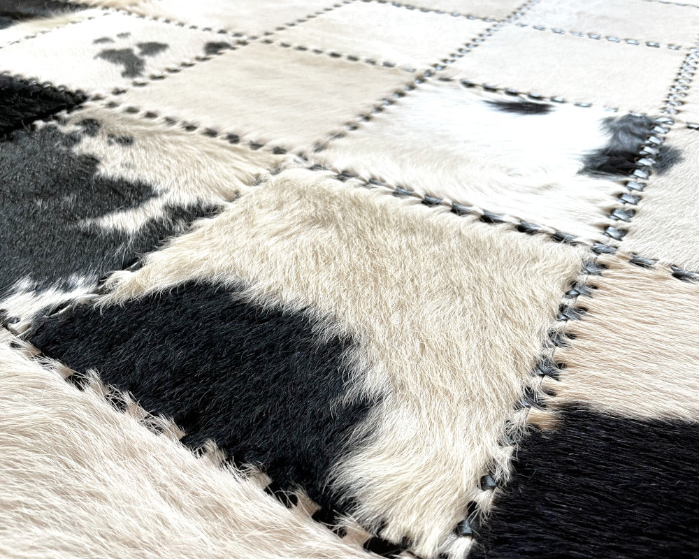 Real Cowhide Patchwork Rug 100% Handmade Leather Rug Black White Cow Skin Floor Area Rug for Living Room Decor | Entryway Runner | Hair on Leather Cowhide Carpet | 511
