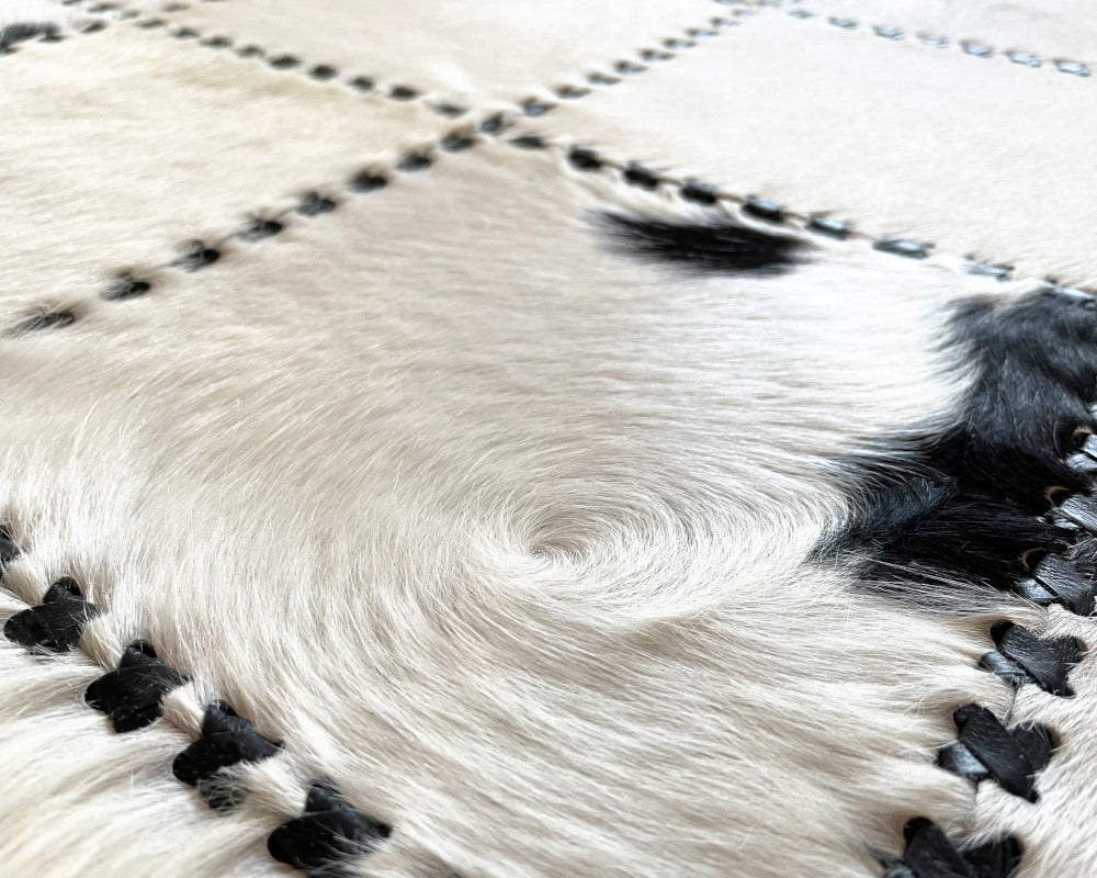 Real Cowhide Patchwork Rug 100% Handmade Leather Rug Black White Cow Skin Floor Area Rug for Living Room Decor | Entryway Runner | Hair on Leather Cowhide Carpet | 511