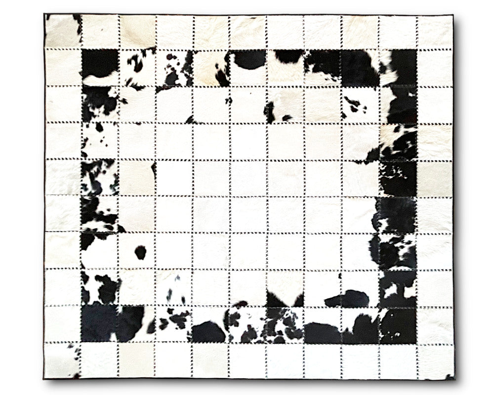 Real Cowhide Patchwork Rug 100% Handmade Leather Rug Black White Cow Skin Floor Area Rug for Living Room Decor | Entryway Runner | Hair on Leather Cowhide Carpet | 511