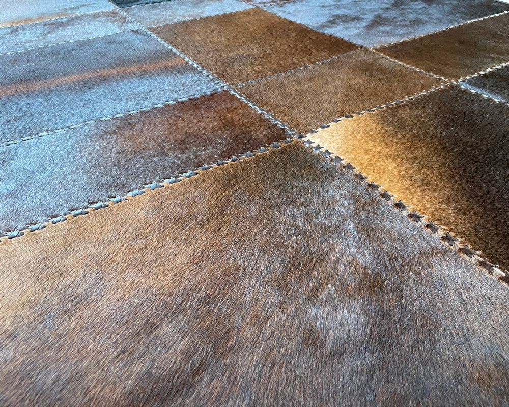 HANDMADE Mixed Brown Natural Leather Carpet | Patchwork Area Floor Rug | Hallway Runner, Living Room Bedroom Rug | 506