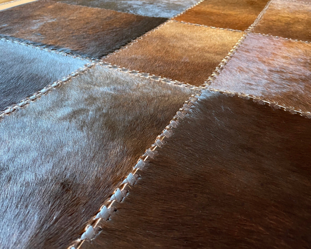 HANDMADE Mixed Brown Natural Leather Carpet | Patchwork Area Floor Rug | Hallway Runner, Living Room Bedroom Rug | 506