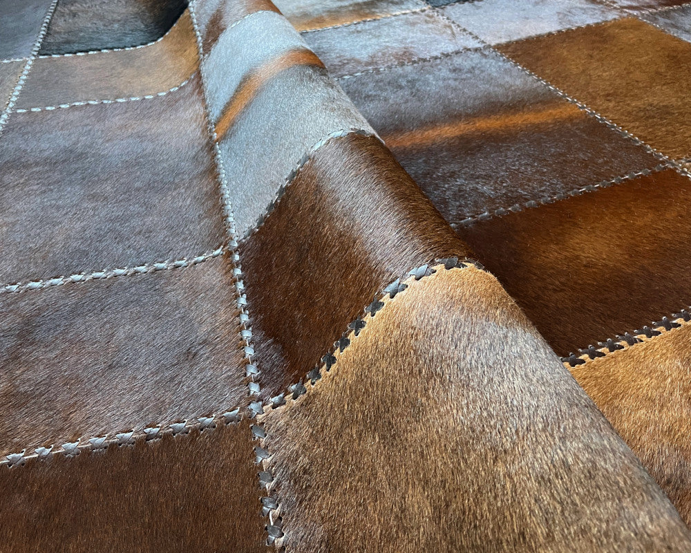 HANDMADE Mixed Brown Natural Leather Carpet | Patchwork Area Floor Rug | Hallway Runner, Living Room Bedroom Rug | 506