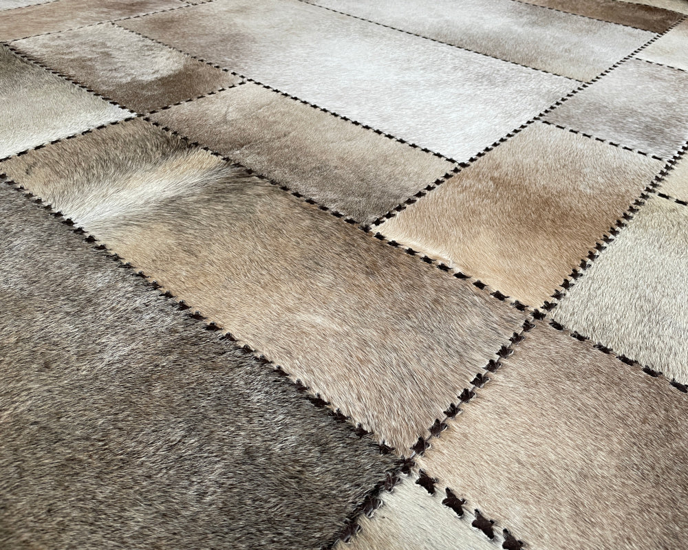 Handcrafted Cowhide Leather Area Rug, Luxury Non-Slip Patchwork Carpet, Premium Floor Accent Rug for Dining, Living Room | Cow Skin Hallway Runner | Entryway Carpet | 508