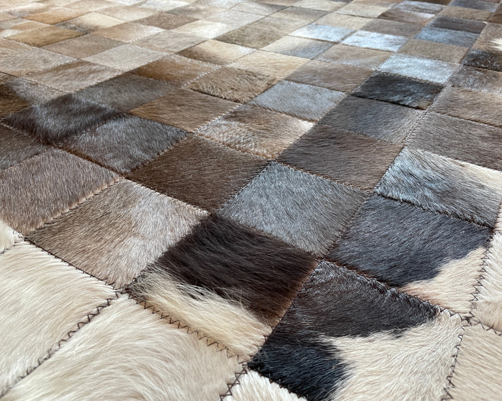 HANDMADE Natural COWHIDE Patchwork RUG | Square Cube Pattern Area Rug | Real Leather Hallway Runner | Hair on Leather Cowhide Carpet | 503