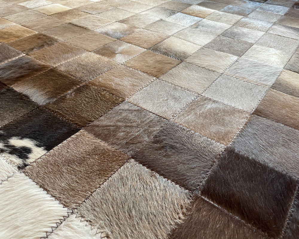 HANDMADE Natural COWHIDE Patchwork RUG | Square Cube Pattern Area Rug | Real Leather Hallway Runner | Hair on Leather Cowhide Carpet | 503