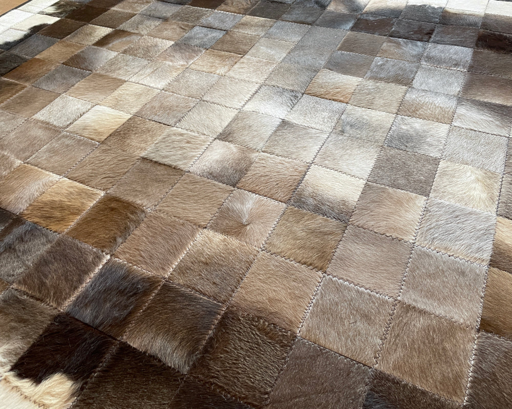 HANDMADE Natural COWHIDE Patchwork RUG | Square Cube Pattern Area Rug | Real Leather Hallway Runner | Hair on Leather Cowhide Carpet | 503