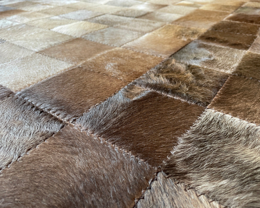 HANDMADE Natural COWHIDE Patchwork RUG | Square Cube Pattern Area Rug | Real Leather Hallway Runner | Hair on Leather Cowhide Carpet | 503
