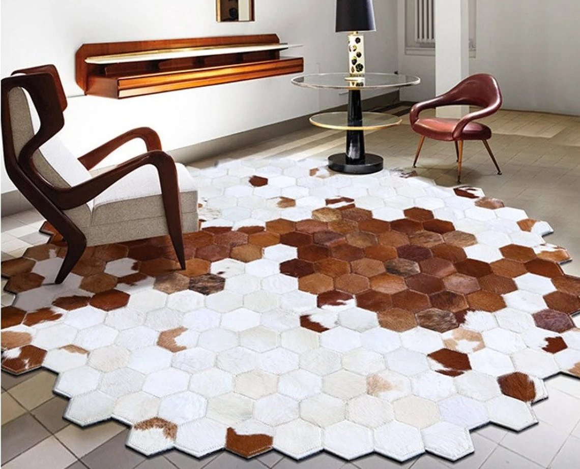 Artisanal Leather Cowhide Rug, Unique Patchwork Design, Hair-On Hide | Hair on Leather Cowhide Carpet | PR137