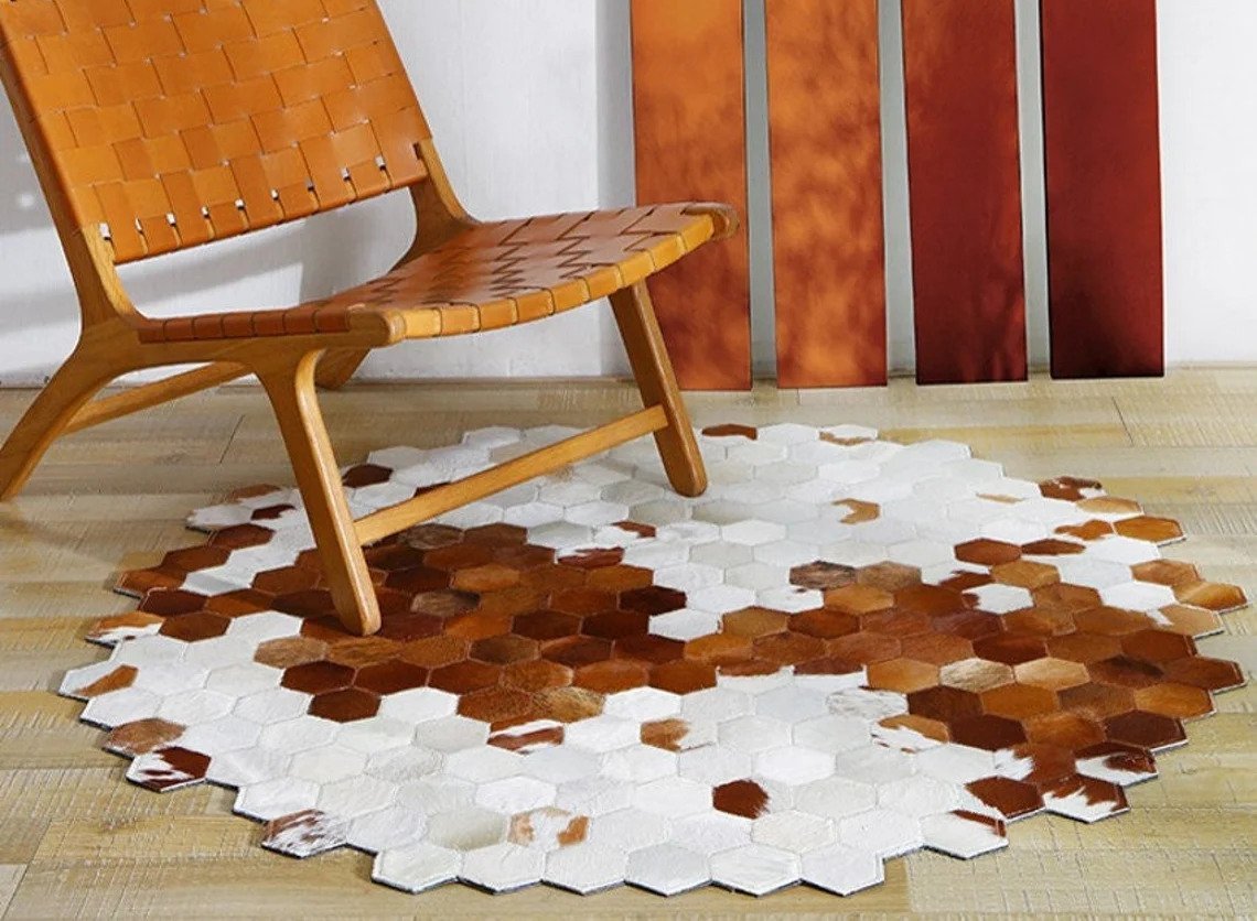 Artisanal Leather Cowhide Rug, Unique Patchwork Design, Hair-On Hide | Hair on Leather Cowhide Carpet | PR137