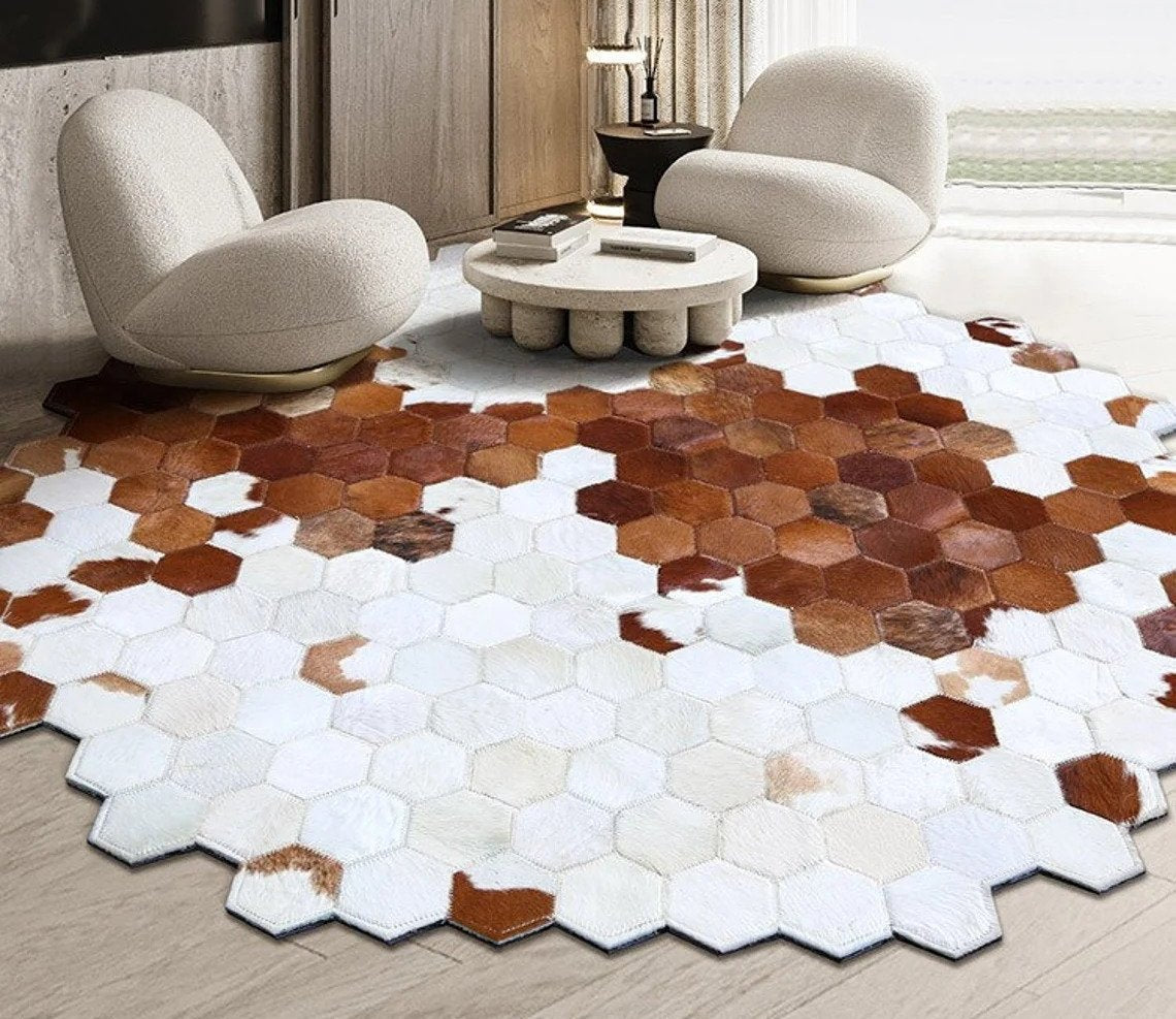 Artisanal Leather Cowhide Rug, Unique Patchwork Design, Hair-On Hide | Hair on Leather Cowhide Carpet | PR137