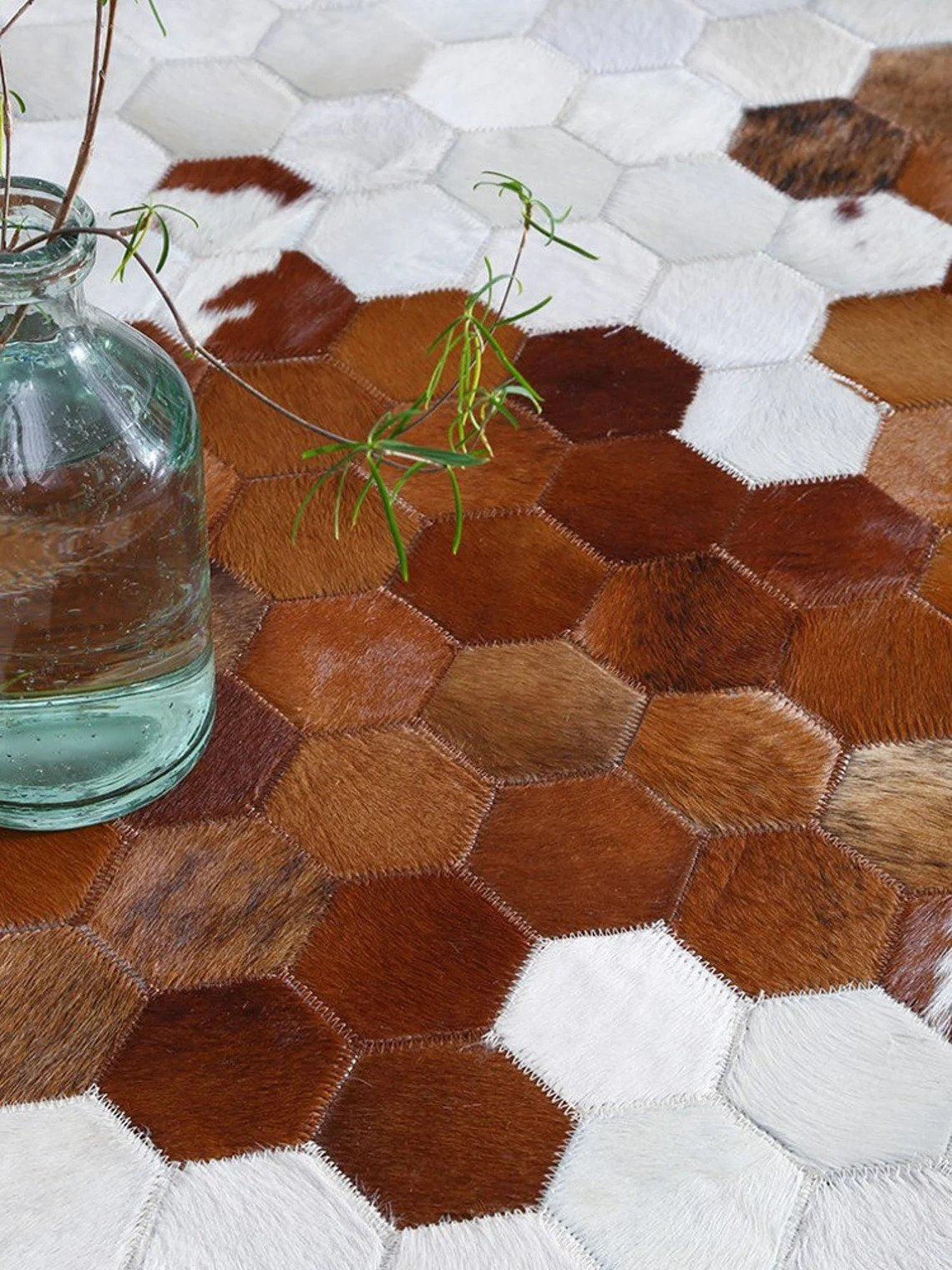 Artisanal Leather Cowhide Rug, Unique Patchwork Design, Hair-On Hide | Hair on Leather Cowhide Carpet | PR137