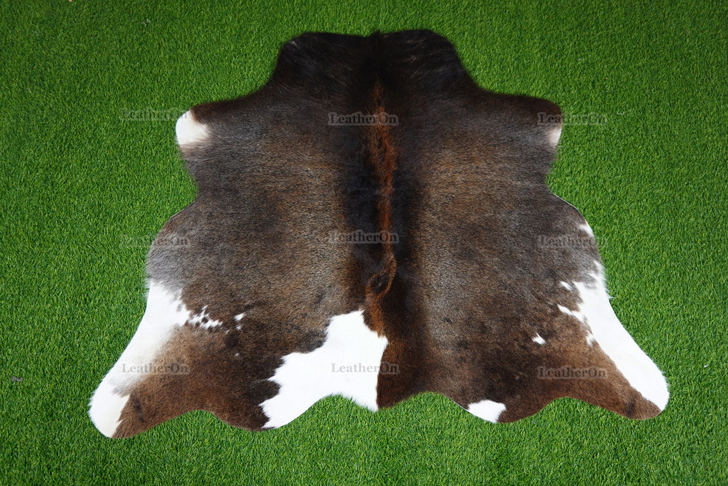 Tricolor Cowhide (4.3 X 3.7 ft.) Exact As Photo Cowhide Rug | 100% Natural Cowhide Area Rug | Real Hair-on Leather Cowhide Rug | C881
