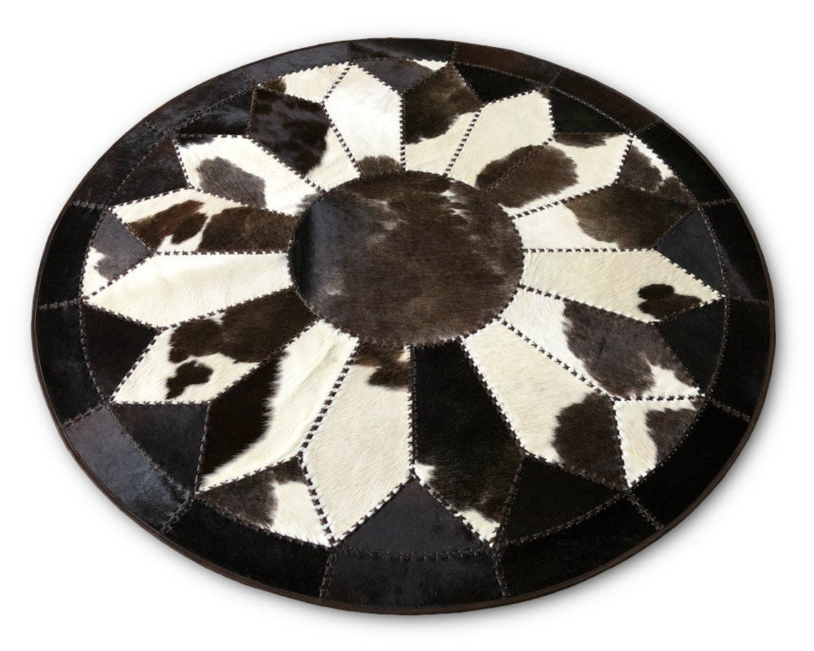 Exquisite Handcrafted Cowhide Masterpiece, 100% Natural Patchwork Area Rug | Hair on Leather Cowhide Carpet with Leather Braided Work | PR107