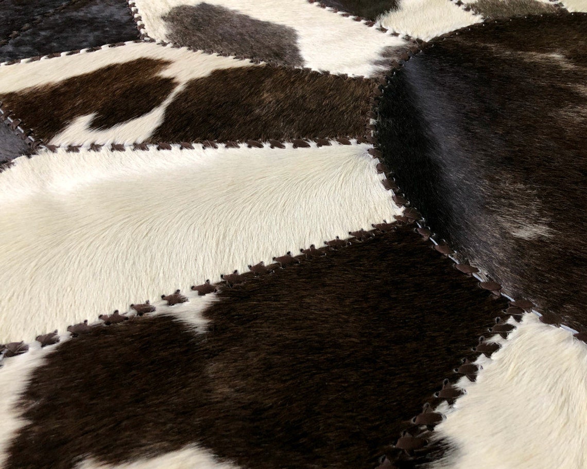 Exquisite Handcrafted Cowhide Masterpiece, 100% Natural Patchwork Area Rug | Hair on Leather Cowhide Carpet with Leather Braided Work | PR107