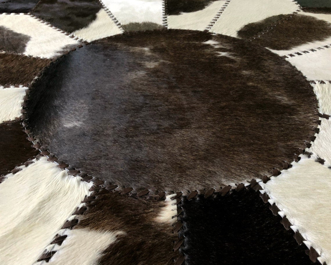Exquisite Handcrafted Cowhide Masterpiece, 100% Natural Patchwork Area Rug | Hair on Leather Cowhide Carpet with Leather Braided Work | PR107