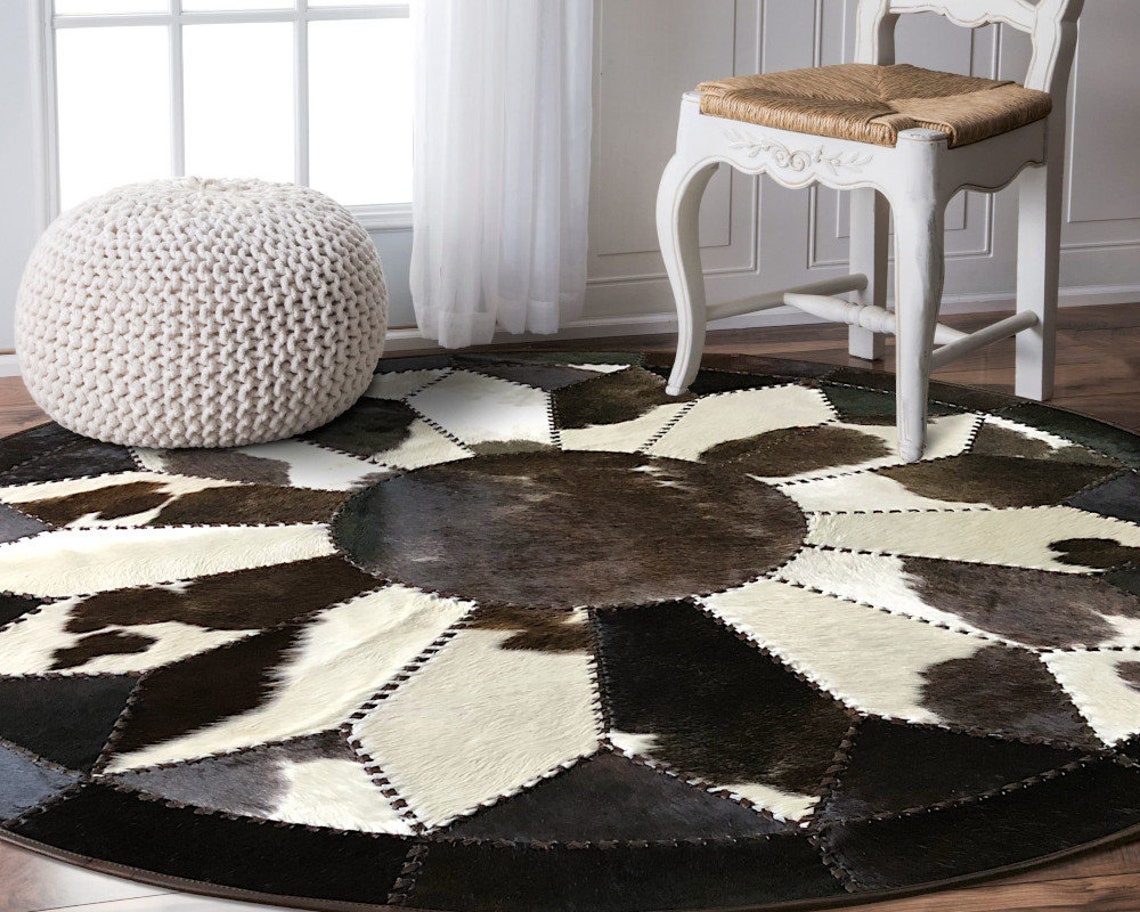 Exquisite Handcrafted Cowhide Masterpiece, 100% Natural Patchwork Area Rug | Hair on Leather Cowhide Carpet with Leather Braided Work | PR107