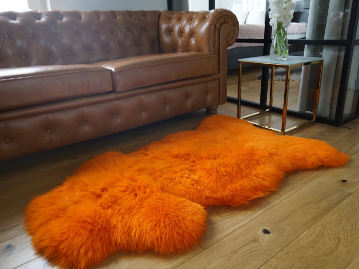 Genuine Australian Orange SHEEPSKIN Rug ( 3 x 2 ft. approx. ) 100% Natural Real Sheepskin Fur Area Rug